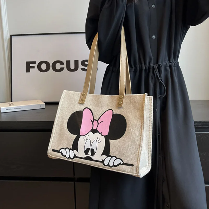 Disney Mickey Minnie Printed Thickening Canvas Bag For Women Cartoon Mommy Handheld Bag Student Shoulder Shopping Tote Bags