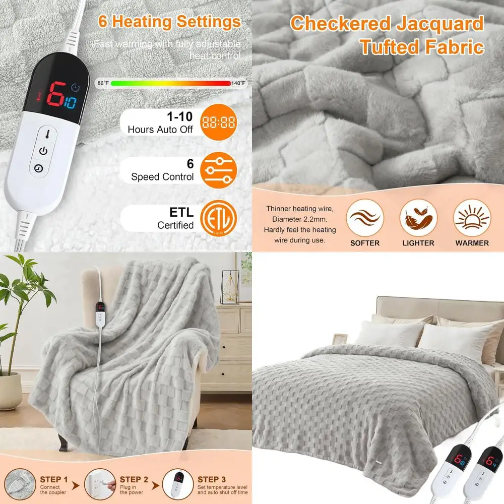 

Queen Size Electric Blanket with Dual Controls - 84x90 Jacquard Sherpa, 6 Heat Levels, 10-Hour Auto Shut-Off, Overheat Protectio