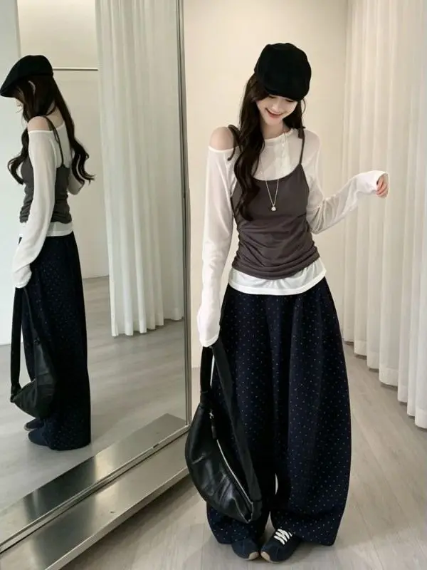 Korean Lazy Sweet Layered Women's Long Sleeve Inner Wear Tank Top Fashionable Two-Piece Set High Waist Dot Patterned Workwear