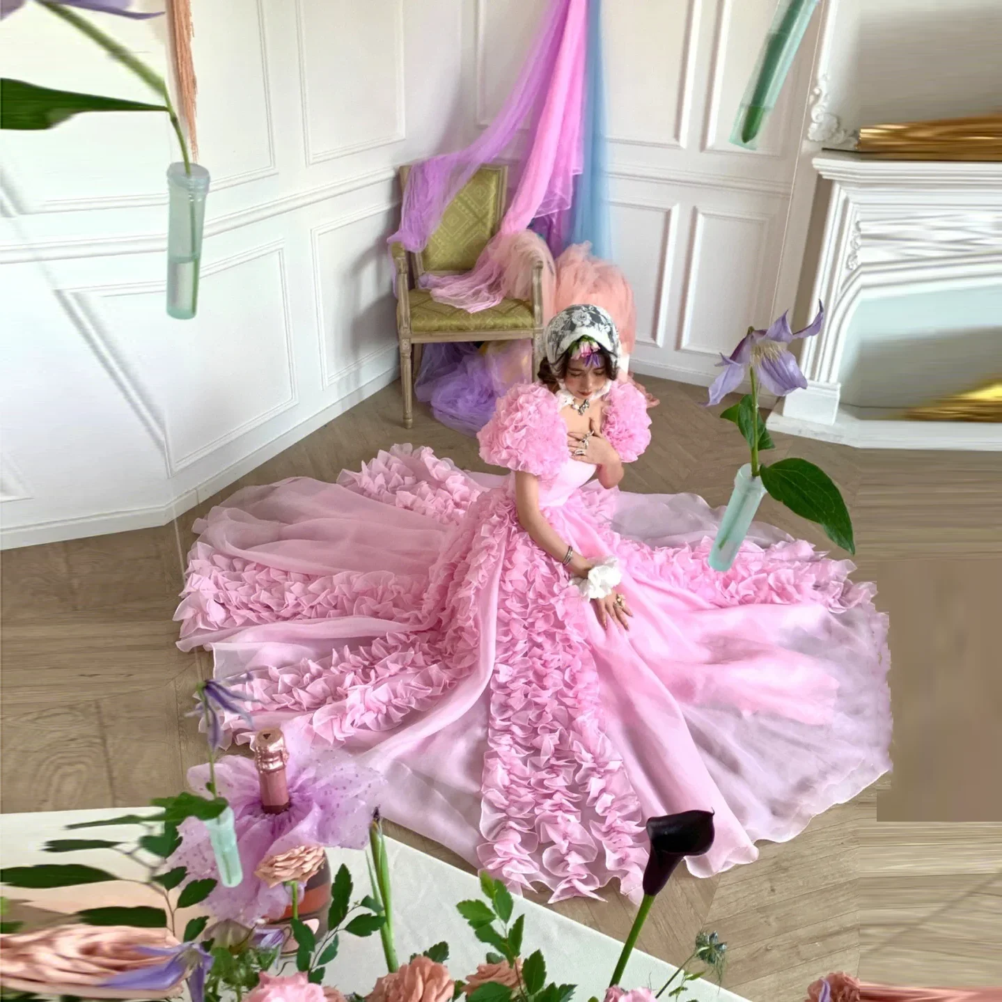 Lolita Stil Ballkleider üppige benutzer definierte geschichtete rosa Party kleid Rüschen langes Ballkleid mit Ärmeln Fotoshooting Vestido de Fiesta