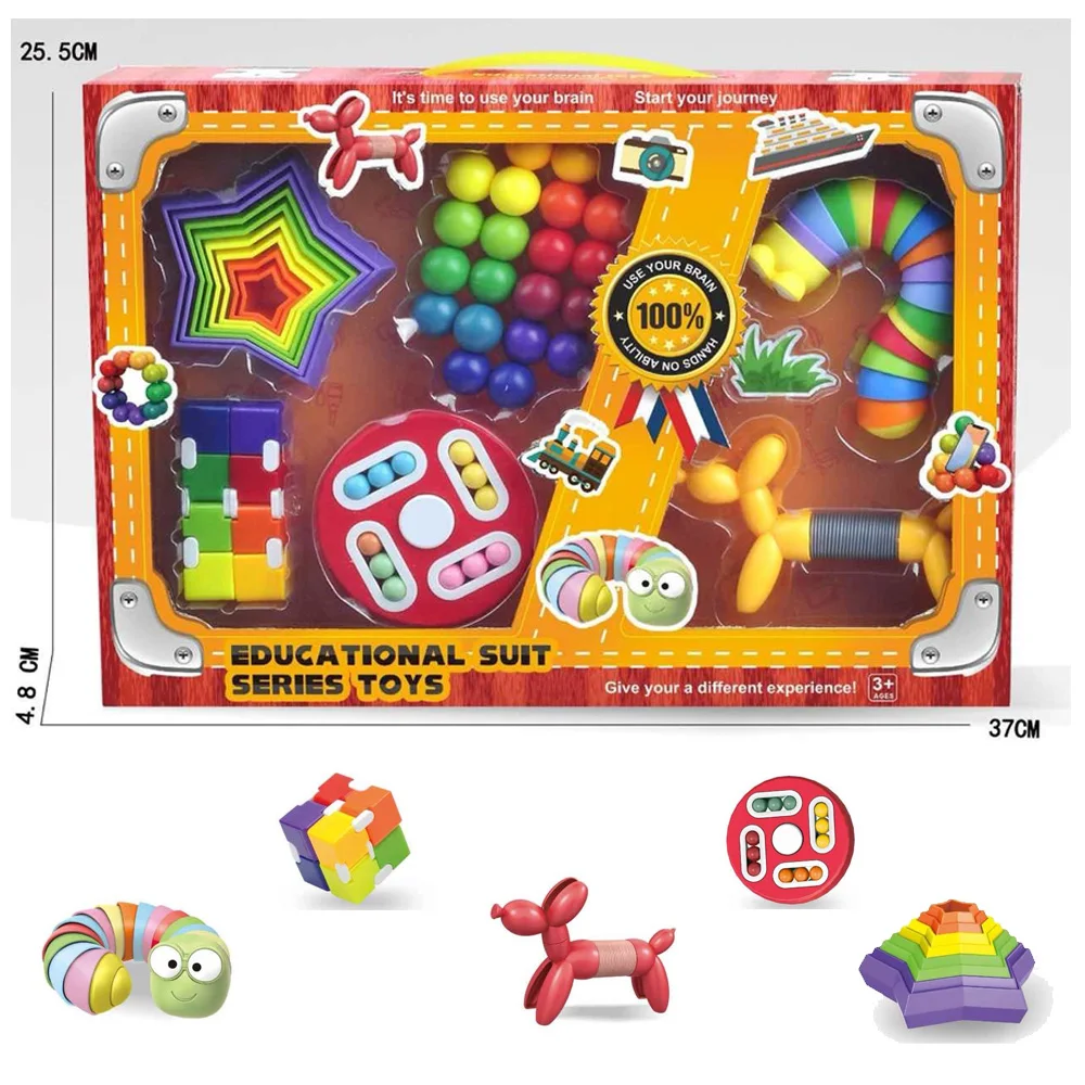 Ensemble de jouets éducatifs Fidget avec jouet en spirale de cercle arc-en-ciel/boule de couleur Puzzle 3D jeu assorti/cube magique/chenille Flexible