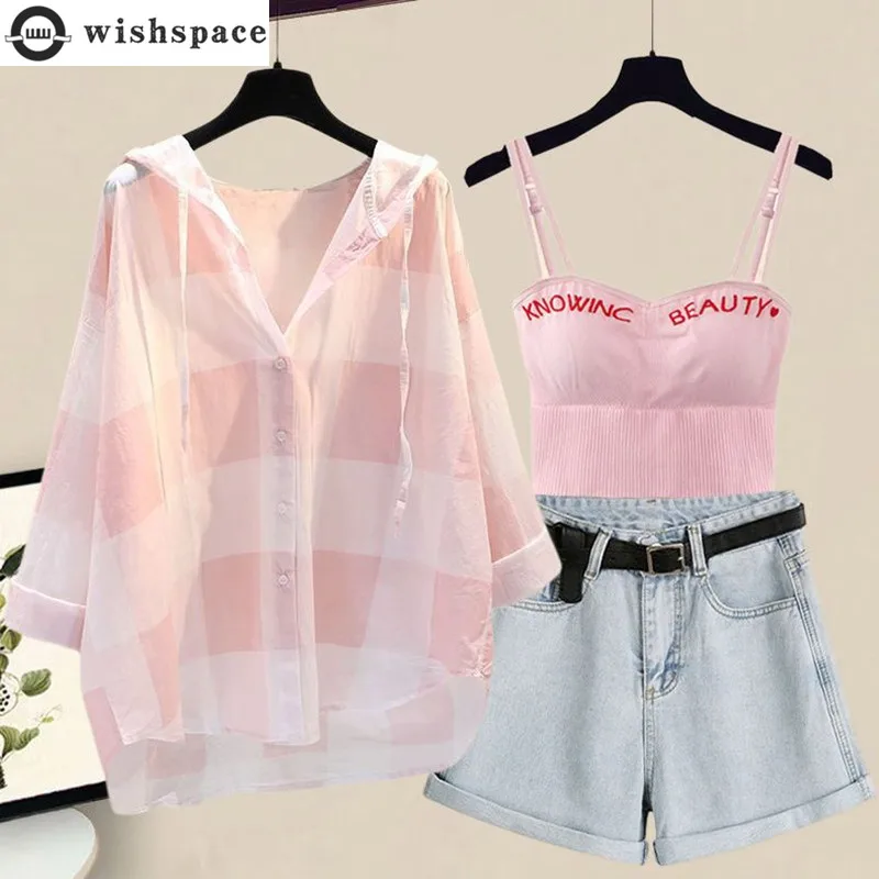 Fashion Set for Women's Summer New Item Age Reducing Sun Protection Shirt Camisole Slimming Denim Shorts Three Piece Set