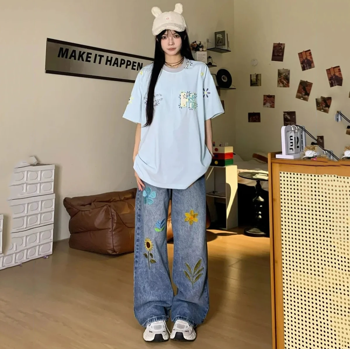 Women's Flower Petal Embroidery Pattern Blue Jeans Trousers Cool Girl Casual Bottoms Female High Waist Wide Leg Denim Pant