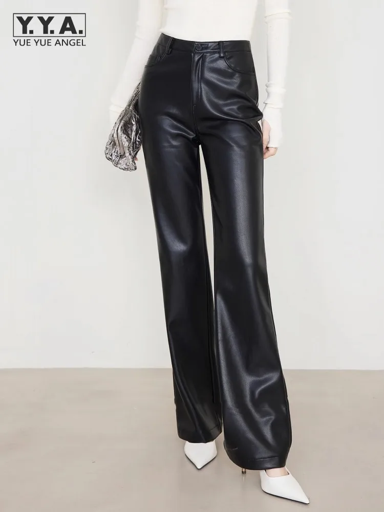 Autumn Winter Women Fleece Lining Faux Leather Straight Trousers Casual Office Ladies High Waist Design Black Pu Leather Pants