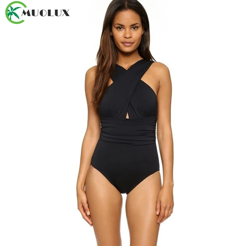 

2024 Women One Piece Swimsuit Sexy Mesh Splicing Swimwear Push Up Bathing Suits Solid Halter Female Beachwear Monokini Bodysuit