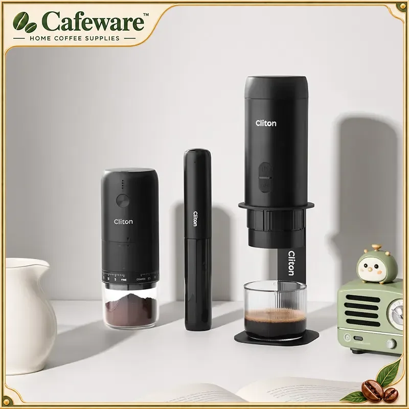 Cliton Portable Electric Espresso Coffee Maker Set With Coffee Grinder Extraction Utensils For Travel Outdoor Home Office