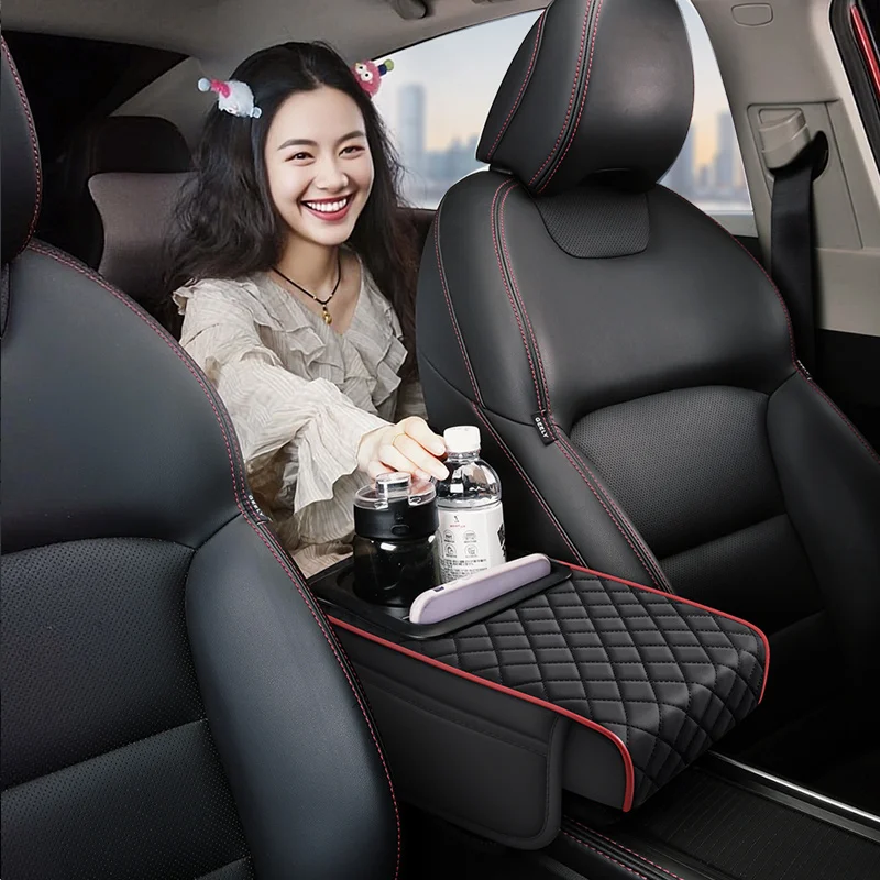 Multifunctional Car Armrest Box Booster Pad, High-Quality Pu Leather, with Dual Cup Holders, Side Storage Pockets, and Phone Storage, a Must-Have Car Interior Accessory for Long Trips