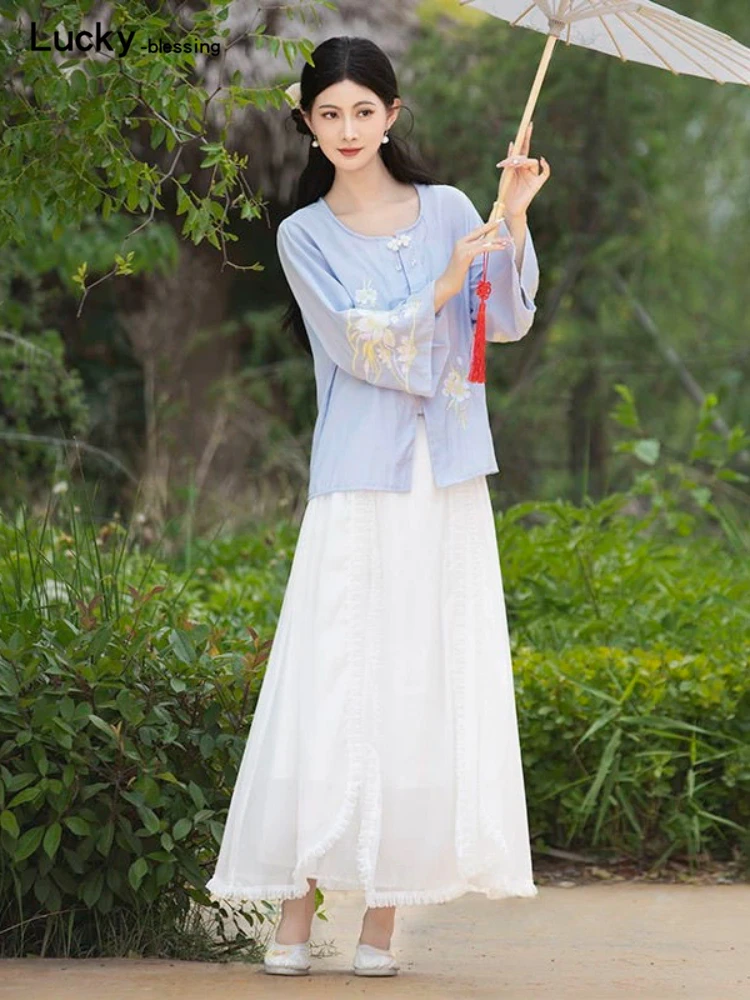 

New Chinese Style Chiffon Print Horse Face Skirt Suit For Women Autumn Tang Suit Women's Clothing Improved Hanfu For Girls Dress