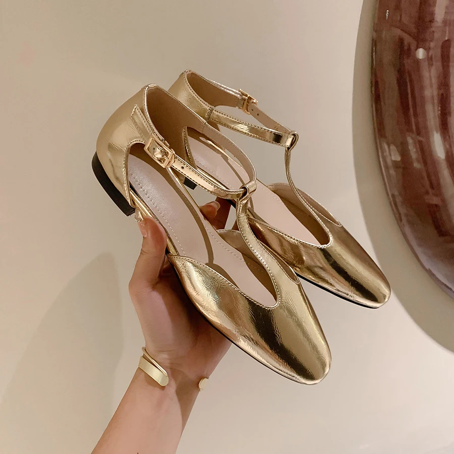 EAGSITY  leather silver low heel sandals Women mary jane pumps shoes slingback heel casual fashion pumps party leisure elegance