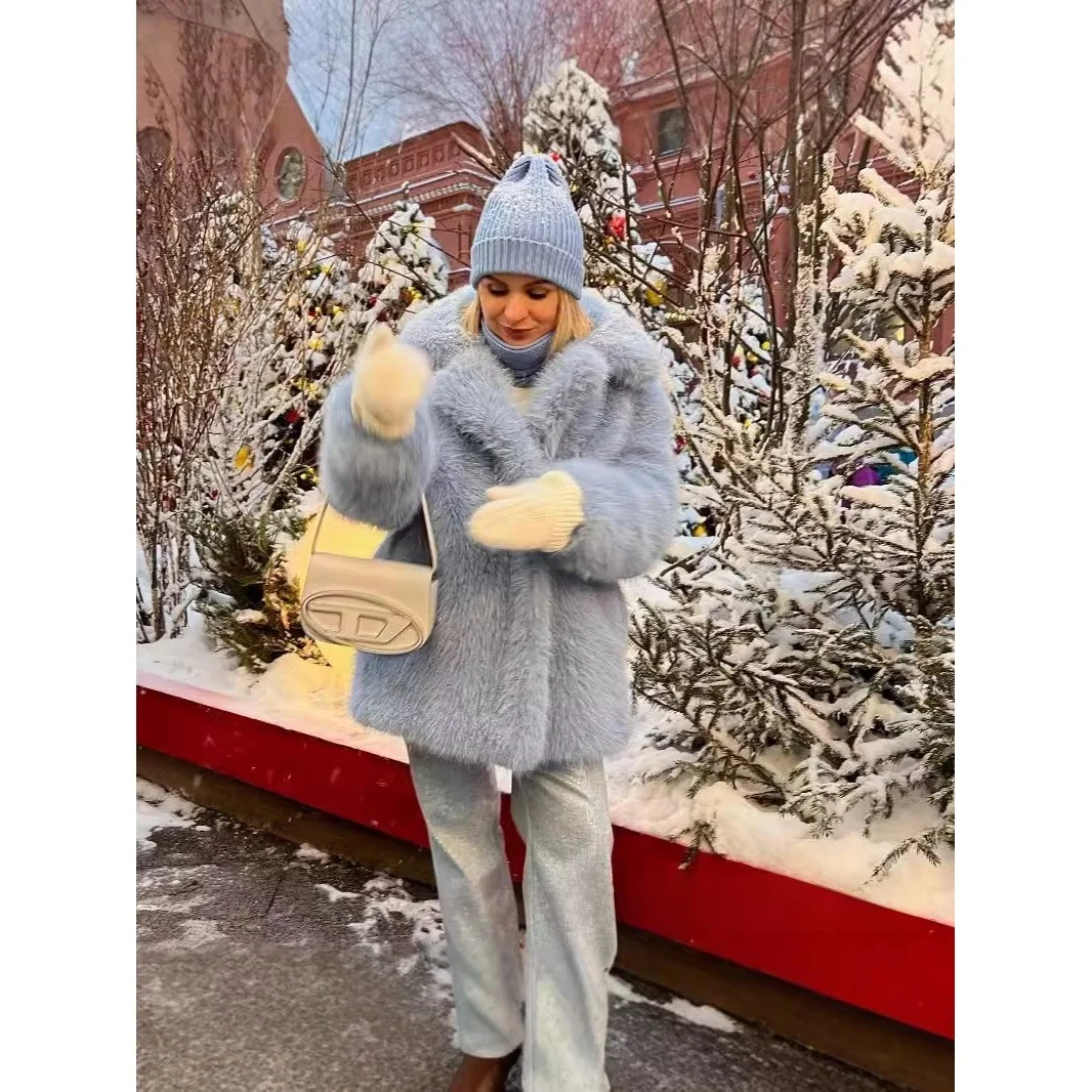 معطف فرو نسائي فضفاض يحاكي طويل متوسط الطول ملابس خارجية شتوية للشباب Sle Commute Faion مع قبعة أخرى من الفرو #2