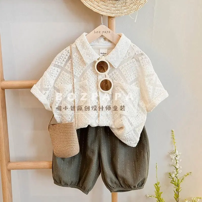 Summer Fashion Baby Short Sleeve Boys Apricot Hollow out Top shirt+Loose Pants 2pcs Children Set Casual Handsome Suits