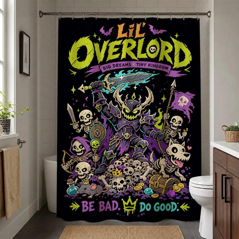 Lil Overlord Fantasy Skull Waterproof Shower Curtain Liner Geek Gamer Pop Culture Bathroom Decor Novelty Print Art Tile
