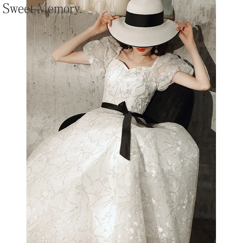 N130 Customized Square Collar White Dress Long Sweet Memory Princess Birthday Floor Length Cocktail Party Dresses For Women Girl