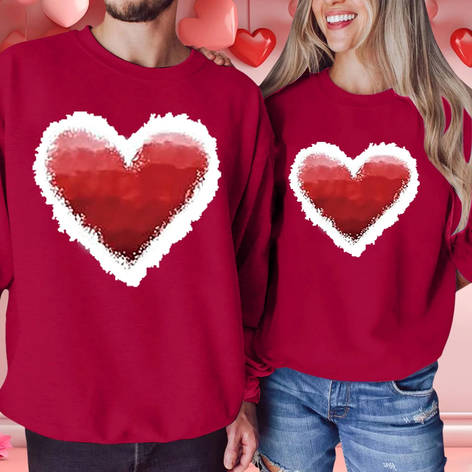 Heart-Shaped Printed Hoodie For Couples Long-Sleeved Baggy Sweatshirt Valentine's Day Gift Stylish Casual Hoodies Woman Clothing