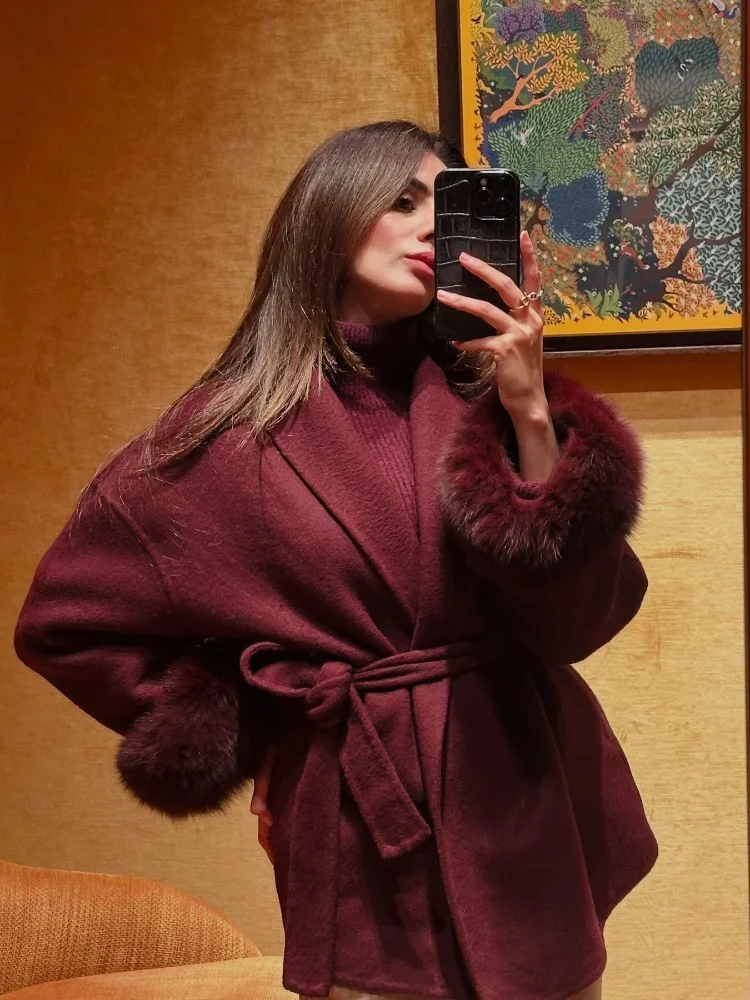 Elegant Solid Color Wool Blend Wine Red Lace Up Coat Woman Long Sleeves Faux Fur Female Spring Jacket 2025 Lady Chic Streetwear