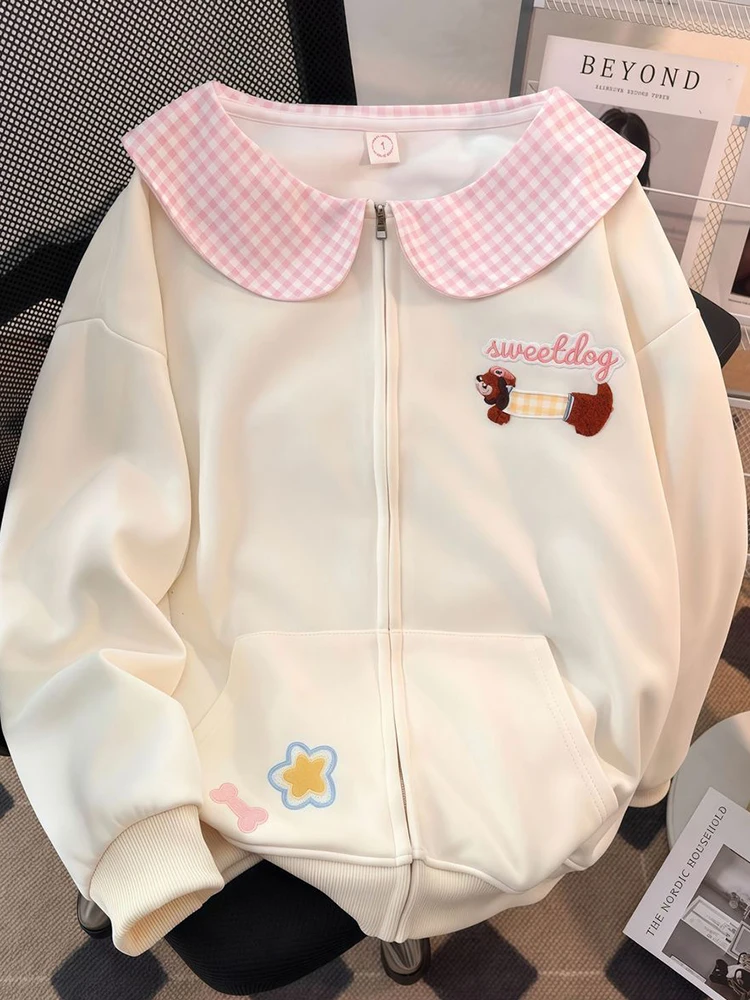 Zoki الكرتون الحلو Kawaii هوديس المرأة فضفاضة لطيف بيتر بان طوق بلوزات الخريف نمط Preppy كم طويل جديد التطريز