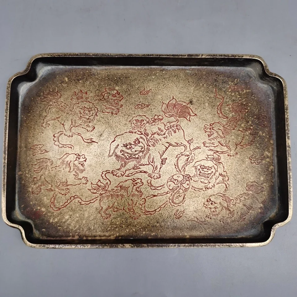 pure copper hand-painted lacquered fruit plate antique antique collection brass prince Shaobao lion copper tea tray ornament