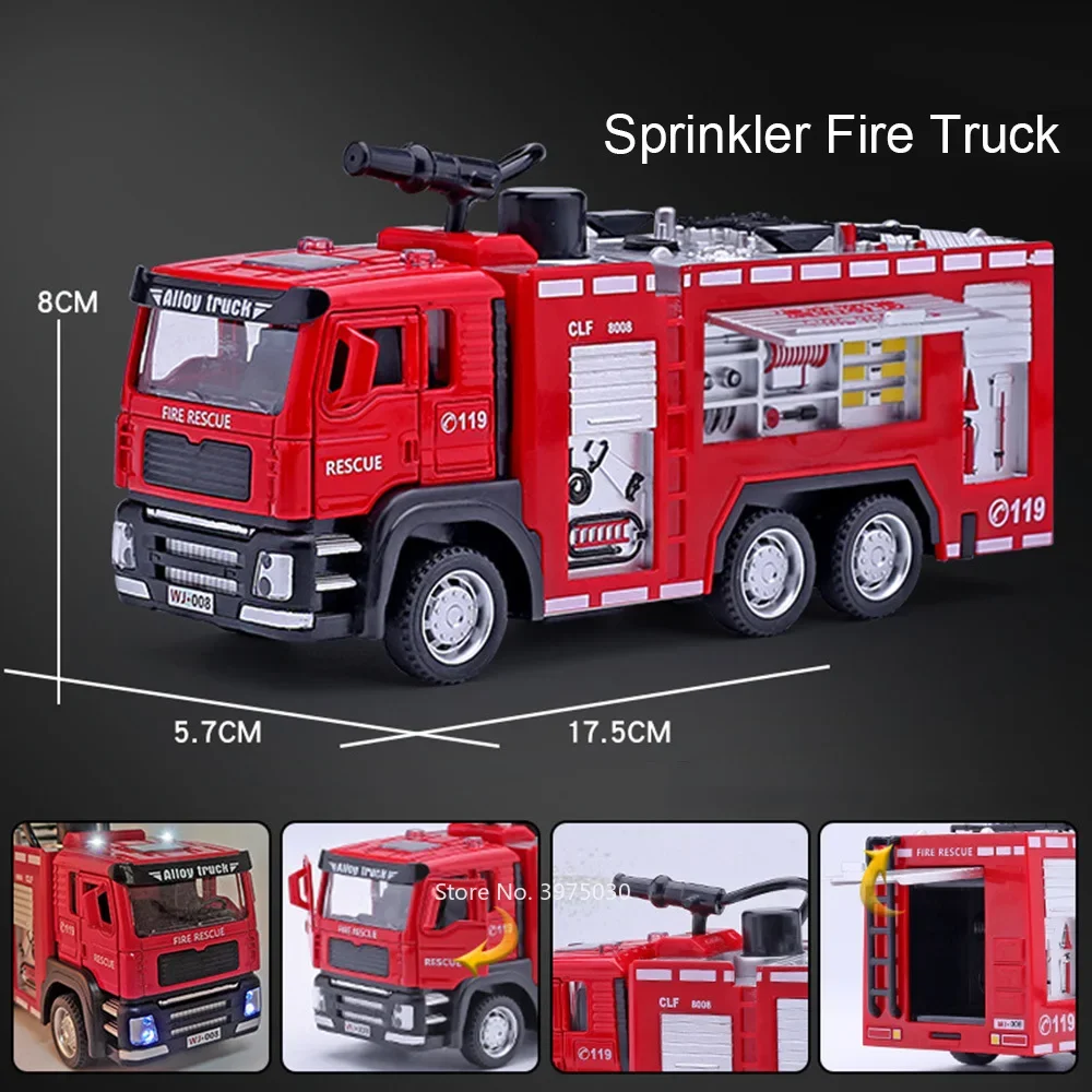 1/32 Fire Engine Car Toy Model with Sound Light Ladder Fire Truck Wheel Pull Back Sprinkler Rescue Vehicle Boys Decoration Gifts