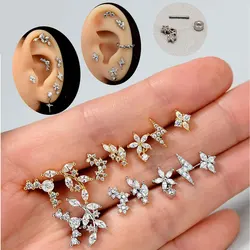 1Piece Stainless Steel Mini CZ Flower Cartilage Flat Back Piercing Stud Earring For Women's Helix Tragus Piercing Body Jewelry