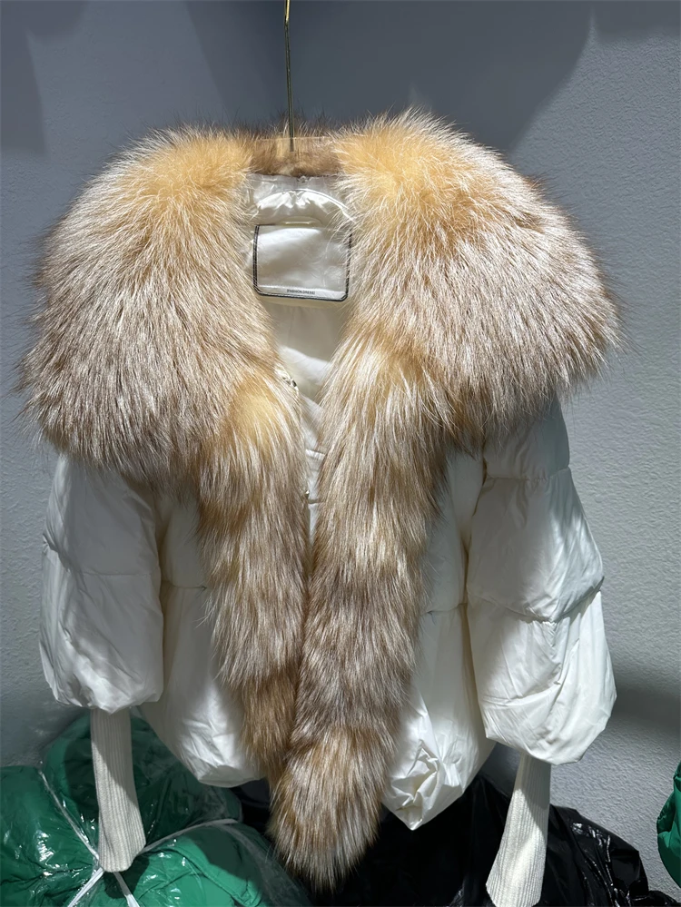 OFTBUY New Duck Down Jacket Winter Coat Women Super Large Real Silver Fox Fur Collar Jacket Knit Sleeve Fashion Luxury Outerwear