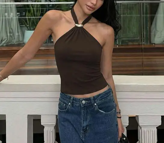 

Top Women 2026 Spring New Adjustable Buckle Strap Solid Color Halter Backless Slim Fit Daily Casual Tank Top