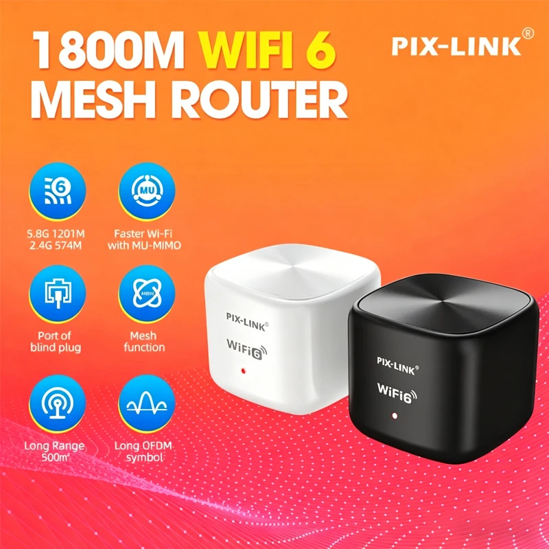 PIX-LINK WMS07 AX1800 WiFi 6 Черно-белый комплект из 2 маршрутизаторов Mesh 5.8G 1201M+2.4G 574M MU-MIMO WPA3, гигабитны