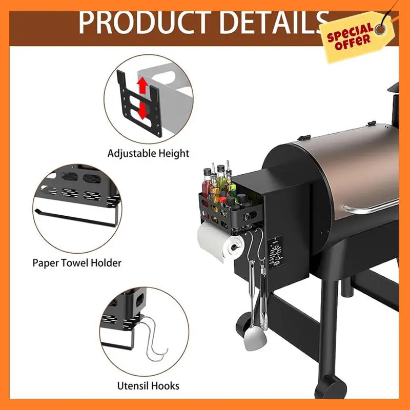 

AD08-Storage Bin With 4 Hooks And Paper Towel Holder For Traeger Grills, Grill Accessories For Traeger Pro 22/34 Grill
