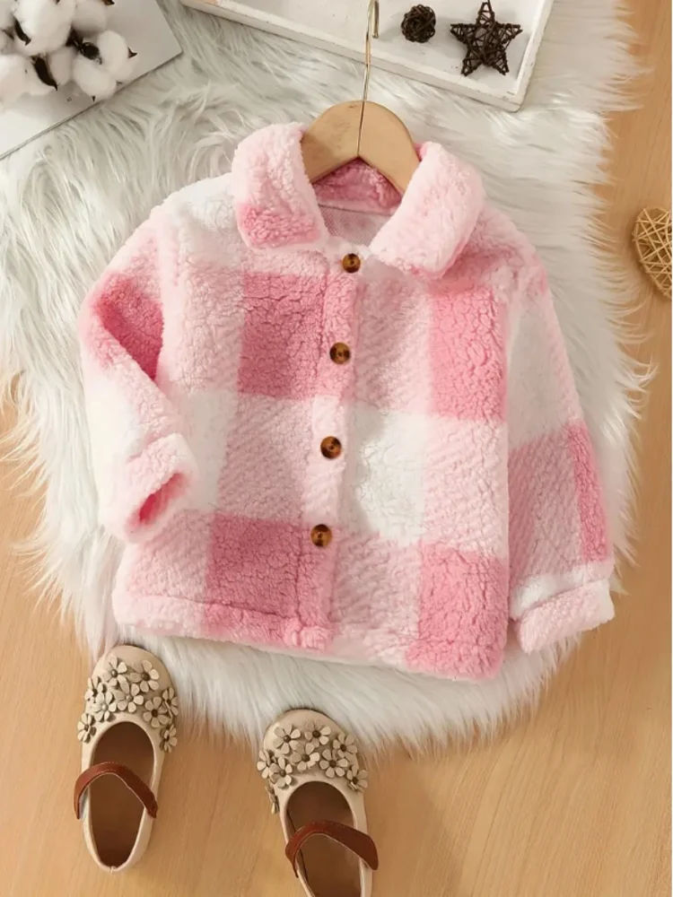 Girls\' new soft plush lapel plaid wool coat-warm polyester knit jacket with button suit