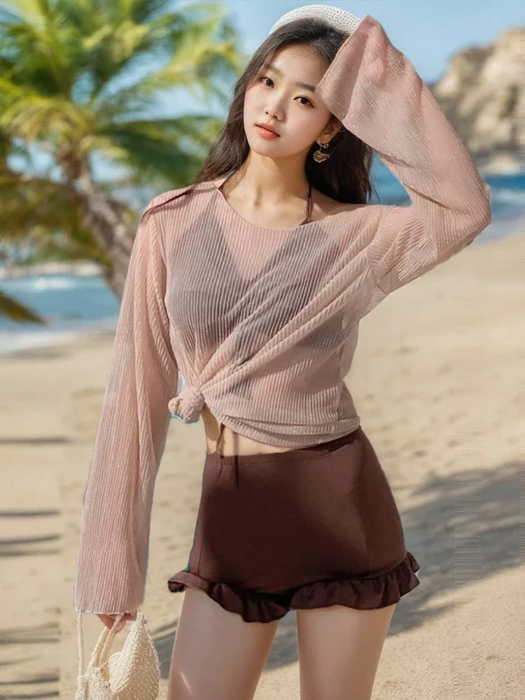 Oiinaa cover-ups maiô feminino halter cordão split maiô cintura alta babados praia shorts verão 2025 conjunto de biquíni