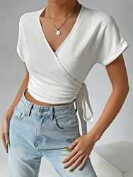 Women's loose shirt Large V-neck long sleeve loose shirt top strap side waist tied short top