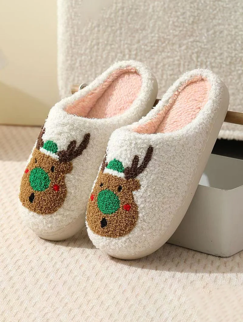Men's Home Slippers New Christmas Tree Deer Cartoon Warm Winter Cotton Slippers for Men and Women Couple Home Indoor Cotton Slip