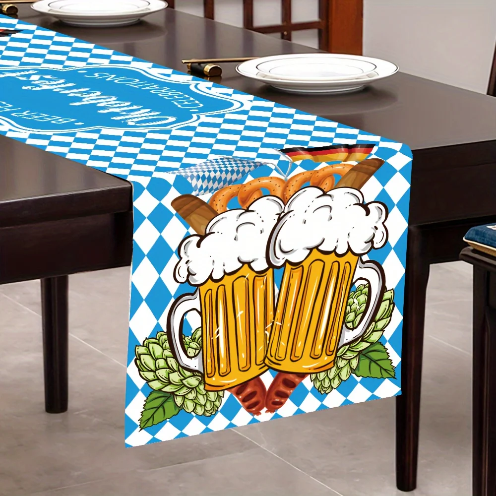Oktoberfest Bavarian Pattern Print Table Runner - Blue White Checked Motif Decoration for Festive Dining Table Home Party