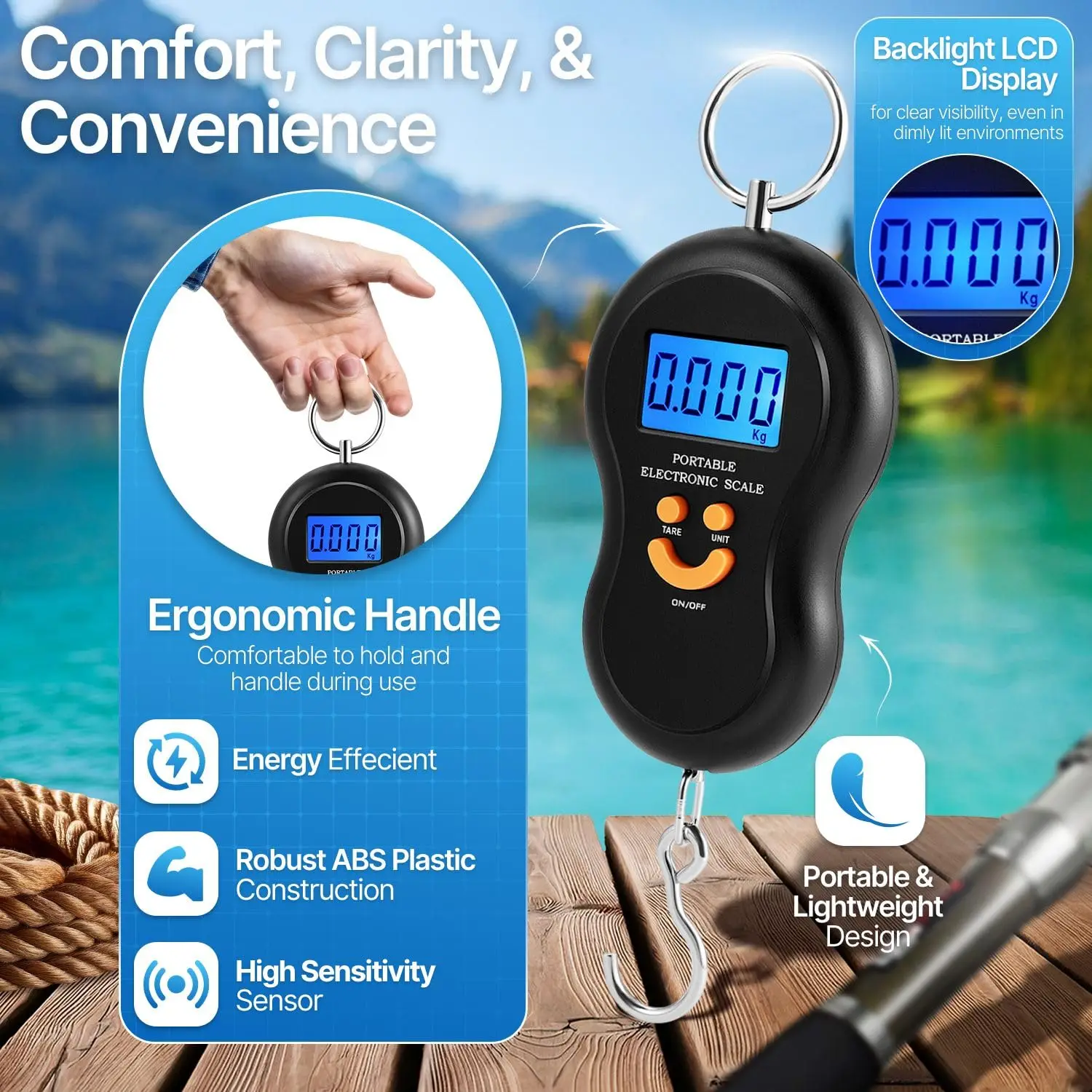 ميزان إلكتروني 50 كجم 10 جرام مقياس معلق LCD المطبخ الرقمي الخلفية أوزان الصيد مقياس الجيب موازين أمتعة السفر #3