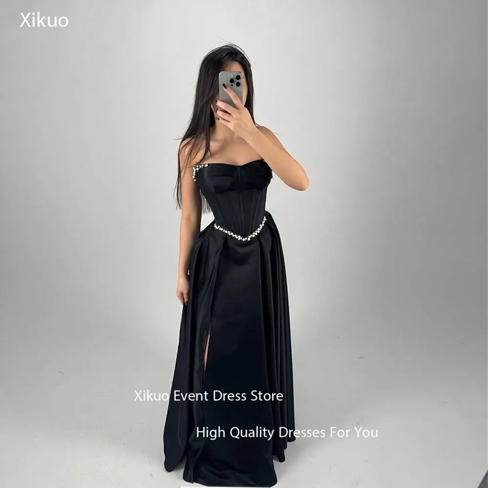 

Xikuo Pearl Embellished Trim Evening Gowns High Slit A Line Sleeveless Wedding Party Dress Satin Strapless Prom Dress Customized