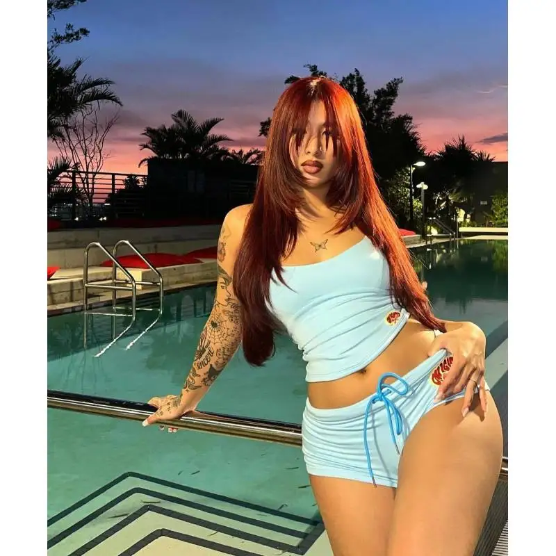 Summer sexy hot girl beach camisole vest American stretch super shorts two-piece set dopamine color matching