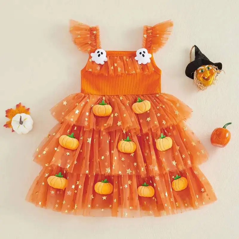 Halloween 3D Pumpkin Ghost Applique Multi-layer Tulle Dress For Baby Girl Lace Costume Festive Kid Frock Tunic Clothes