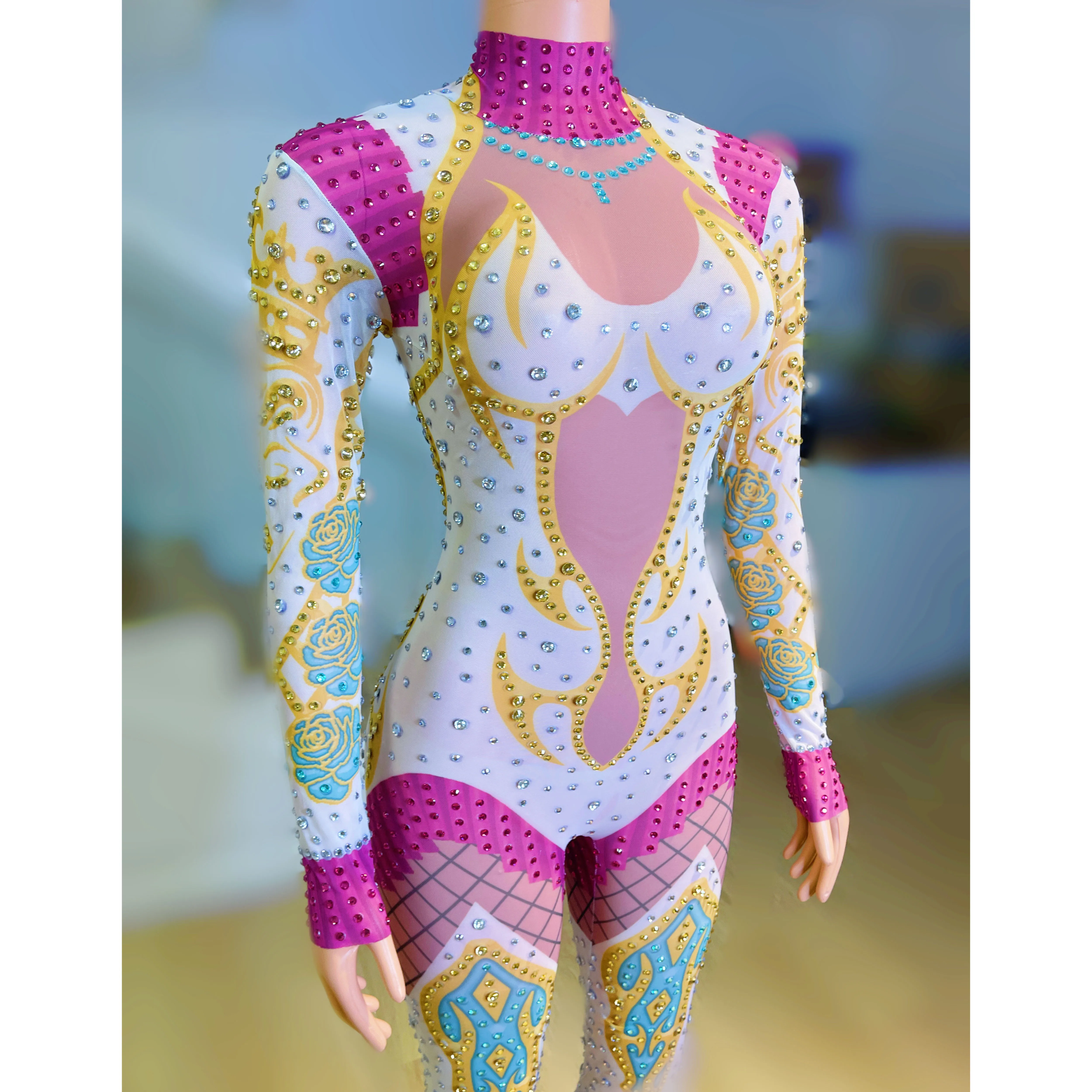 Sparkly Rhinestones Jumpsuit Sexy Color Printing Stretch Dance Costume Fashion High Street Nightclub Stage Performance Outfit