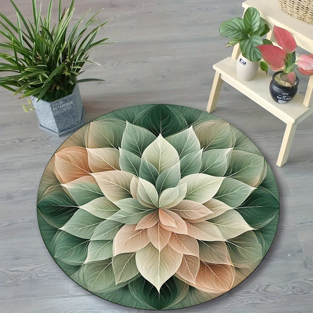 Botanical Round Mat – Machine Washable Polyester Rug for Entryway, Bedroom & Living Room