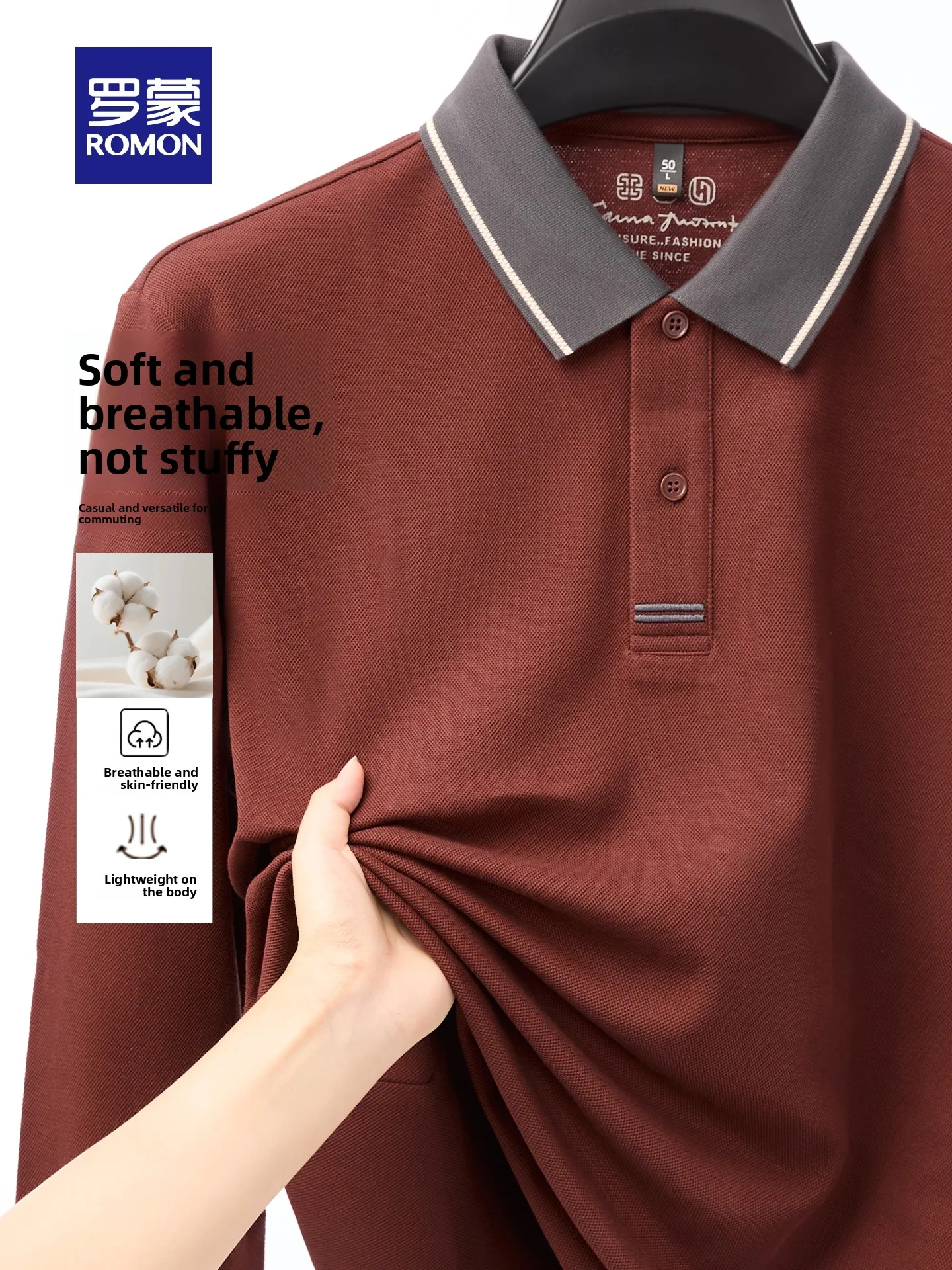 Pure Cotton Long Sleeve  Shirt Men's Casual Collar Color Block Breathable Comfortable Base Layer Top Romon Autumn Style