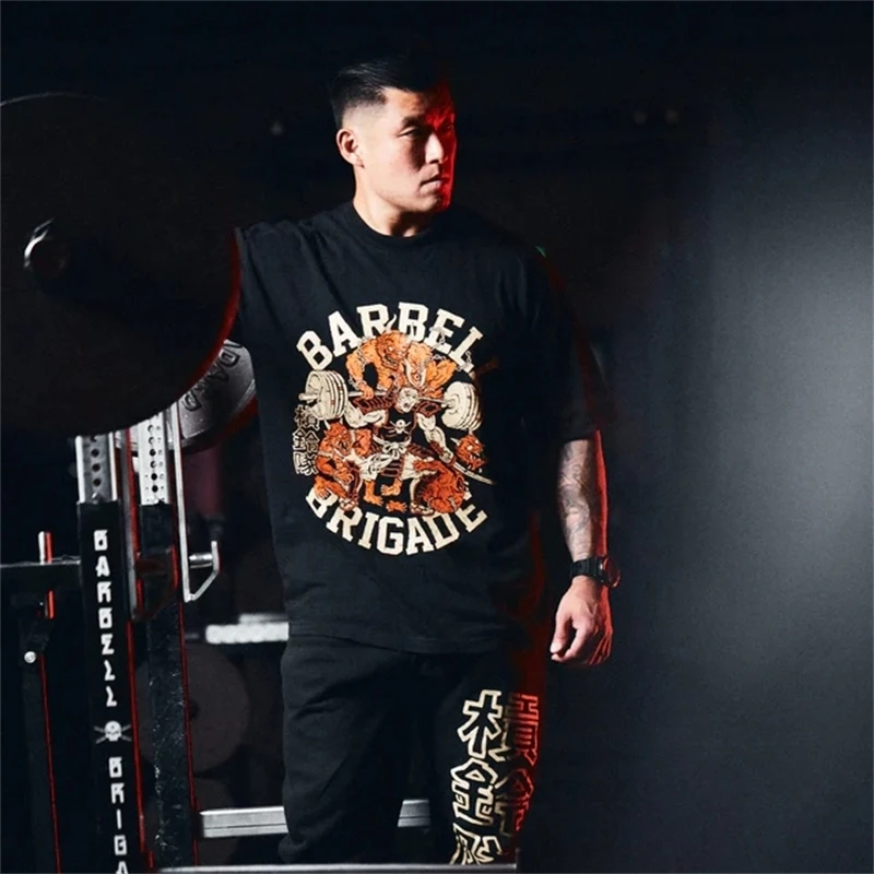 BARBELL Men Oversized Short Sleeve Running Shirt Mens Fitness T Shirt Loose Casual Sportswear Gym Clothing Bodybuilding Tee Tops