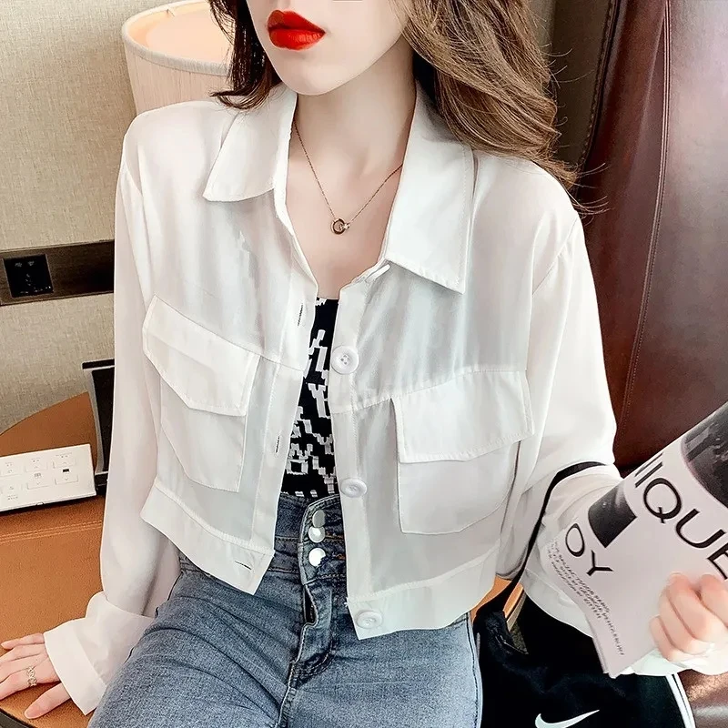 Thin Chiffon Sunscreen Women\'s Jacket 2022 New Summer Casual  Long-Sleeved Cardigan Short Coat Tops Green White Black Outerwear