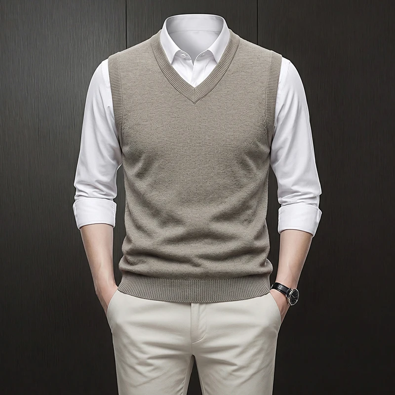 Herren V-Ausschnitt Einfarbige Strickweste Ärmellose Strickjacke Business Casual Slim Fit Pullover Tank Top Winter Warme Strickware – Detail 7