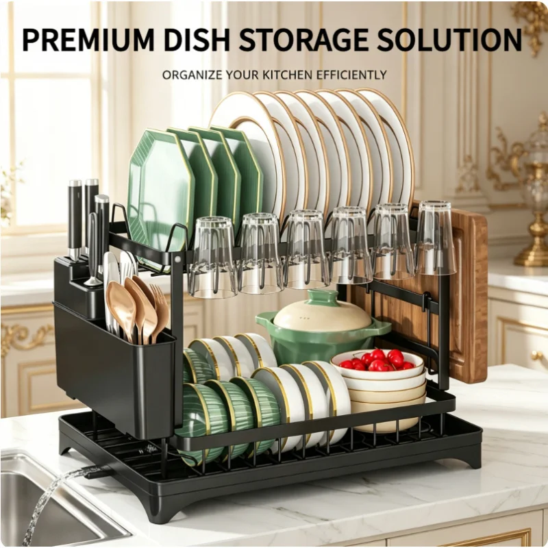 

Kitchen Countertop Organizer 2-Tier Rustproof Metal Dish Drying Rack with Drain Tray Large Capacity