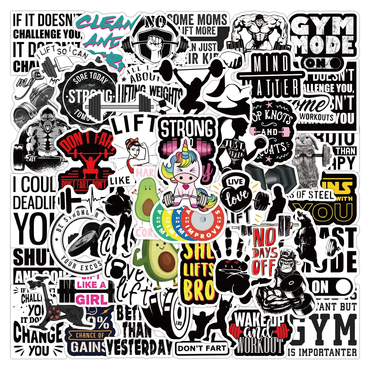 

50PCS Sports and Fitness Workout Stickers Personalized Cool Doodle Waterproof Decoration Creative Decorative Skateboard Helmet
