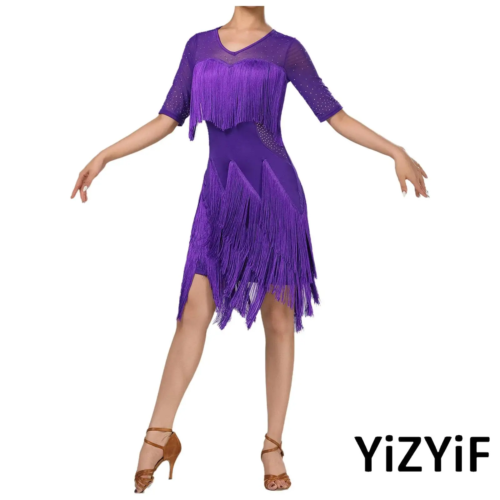 

Lyrical Womens Salsa Performance Dress Rhinestone Mesh Patchwork Short Sleeves Tassel Latin Dance Dress Rumba Latin Dance Wear