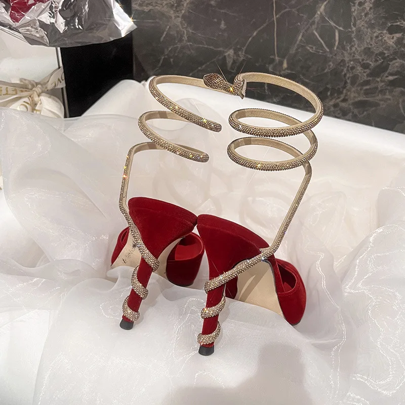 Baotou sandals for women in summer, sexy snake shaped wrapped rhinestone suede pointed high heels, white satin wedding shoes