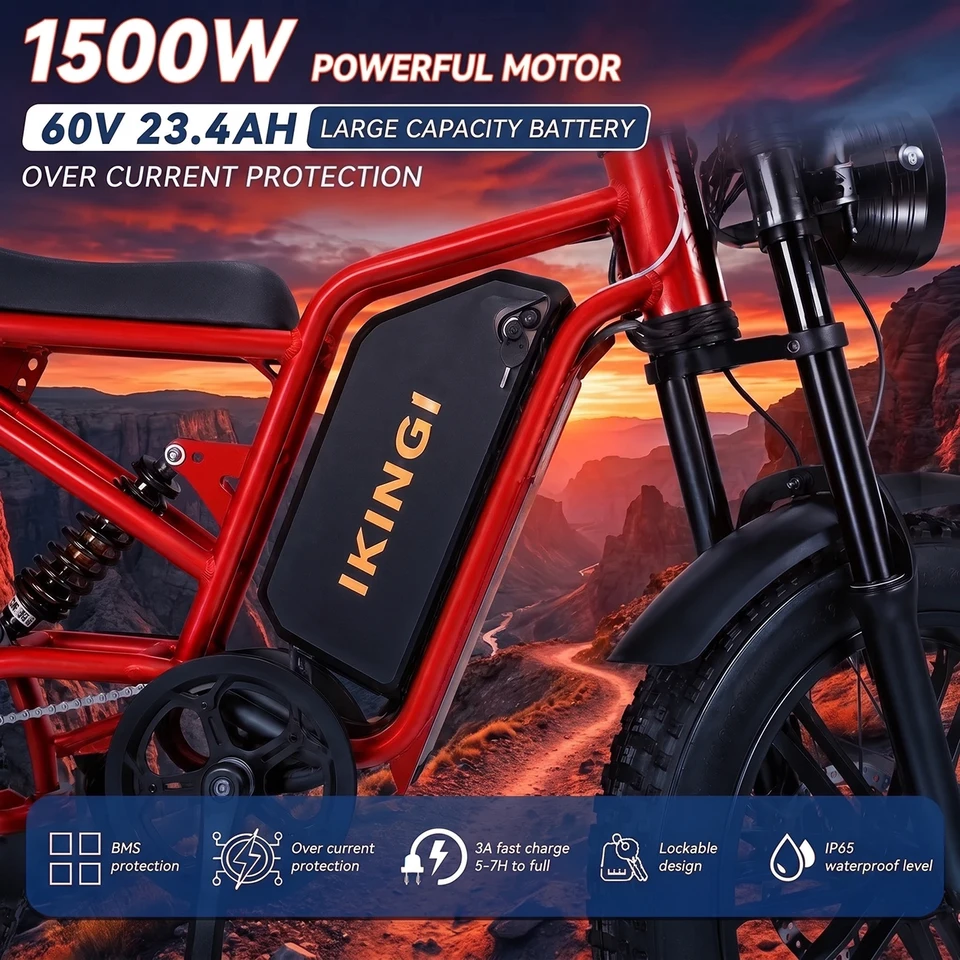 High Performance Red Full Suspension Electric Bike Fat Tire All Terrain Mountain Ebike for Adults Dual Shock Absorber Front and Rear Suspension Disc Brakes LED Headlight Fast Speed Beach Snow Trail Commuter E-Bicycle image 8