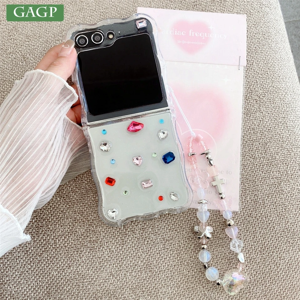 Colorful 3D Diamond Wrist Chain Lanyard Case For Samsung Galaxy Z Flip 6 5 Glitter Wave Silicone Soft Cover For Galaxy flip 4 3