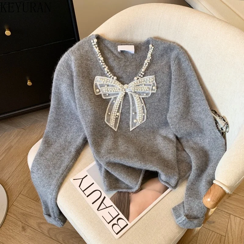 Peals Bow Knitted Sweaters Women 2024 Autumn Winter Vintage V-Neck Long Sleeve Pullover Sweater Jumper Knitwear Tops Pull Femme