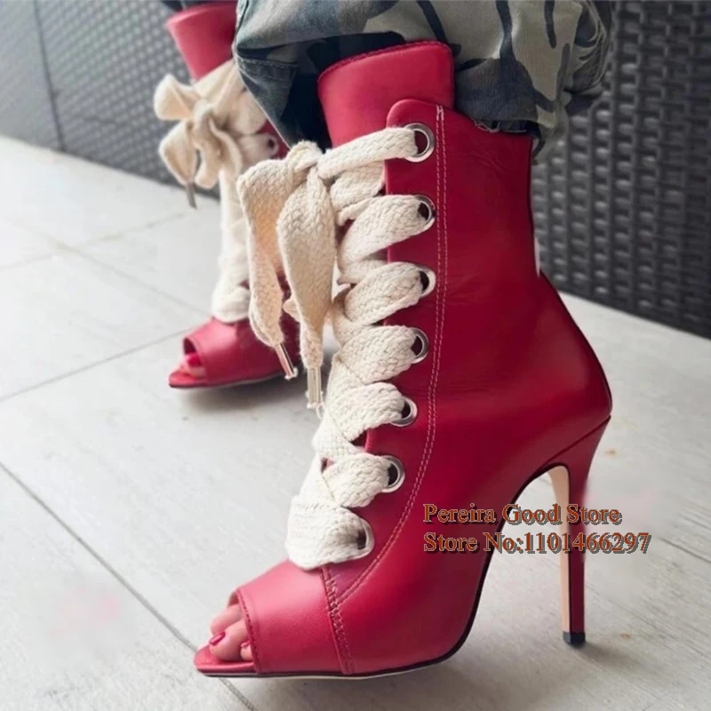 

Red Leather Peep-Toe Ankle Boots Big Silver Metallic Braided Straps Stiletto Heels Short Booties Mixed Color Women Dress Shoes